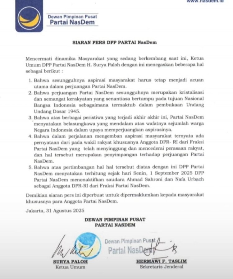Gambar: Siaran Pers Yang Di Keluar DPP Partai Nasdem